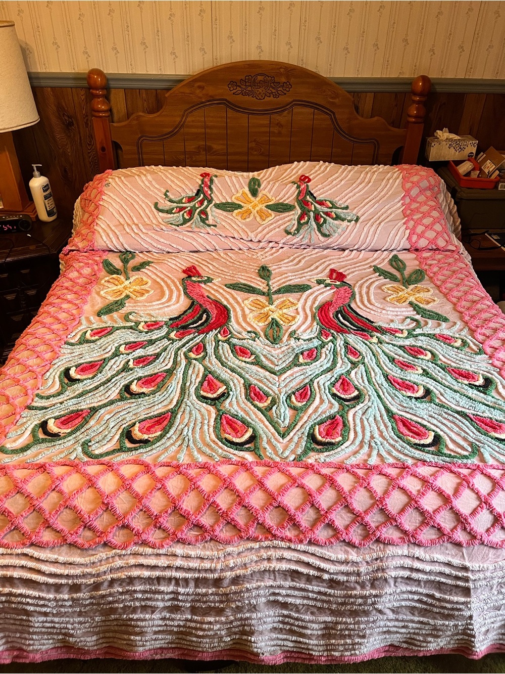 Pink Chenille Peacock Bedspread - Decorative Throw